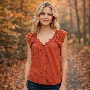 Fire-Coral/Rust Lace Trim Short Sleeve Button Down Shirt XXL